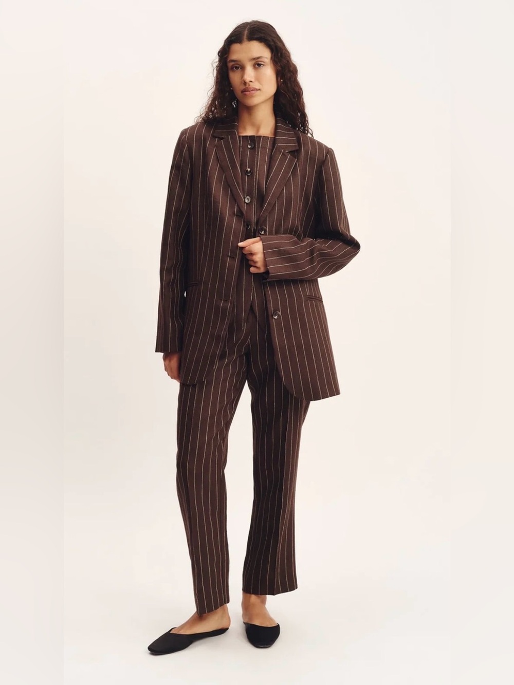 Posse NWT Small Leon Blazer & Thea Trouser Linen Suit Chocolate Cream Pinstripe